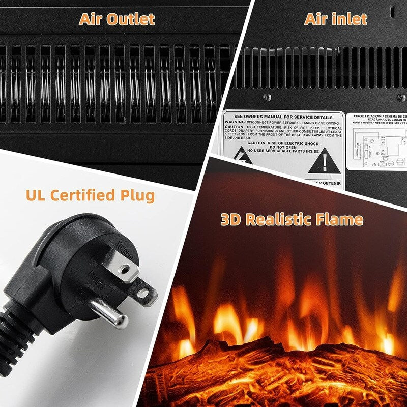 Inserto per camino elettrico con riscaldamento regolabile, luminosità, timer e protezione da surriscaldamento, 1400 W, certificato CSA