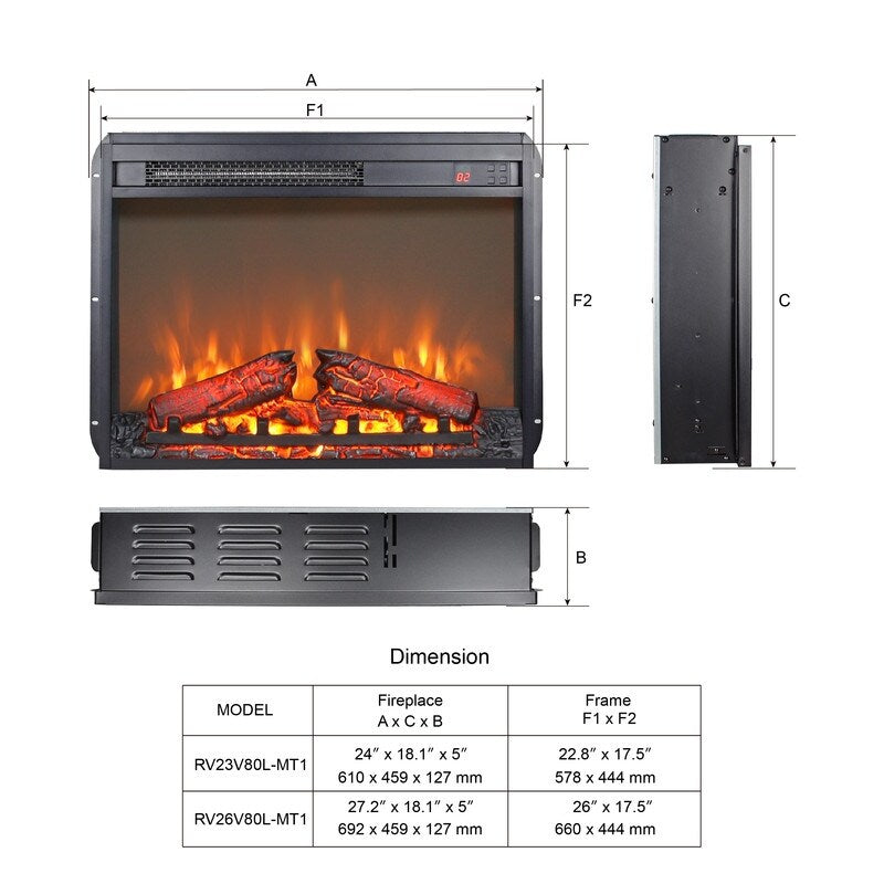 Inserto per camino elettrico con riscaldamento regolabile, luminosità, timer e protezione da surriscaldamento, 1400 W, certificato CSA