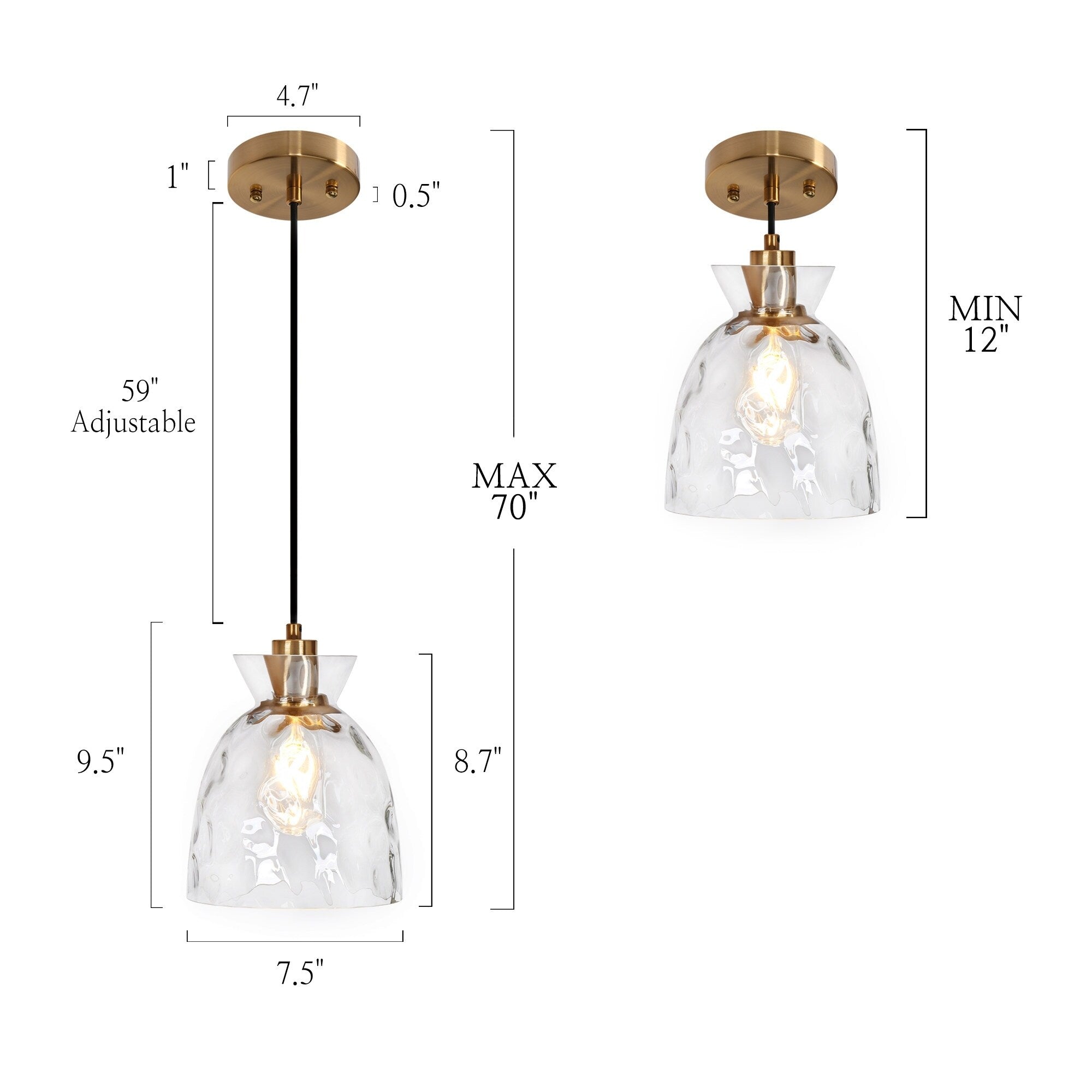 Lampada a sospensione Elisie Mid-Century Modern a 1 luce, cupola in vetro martellato, illuminazione per isola cucina, sala da pranzo