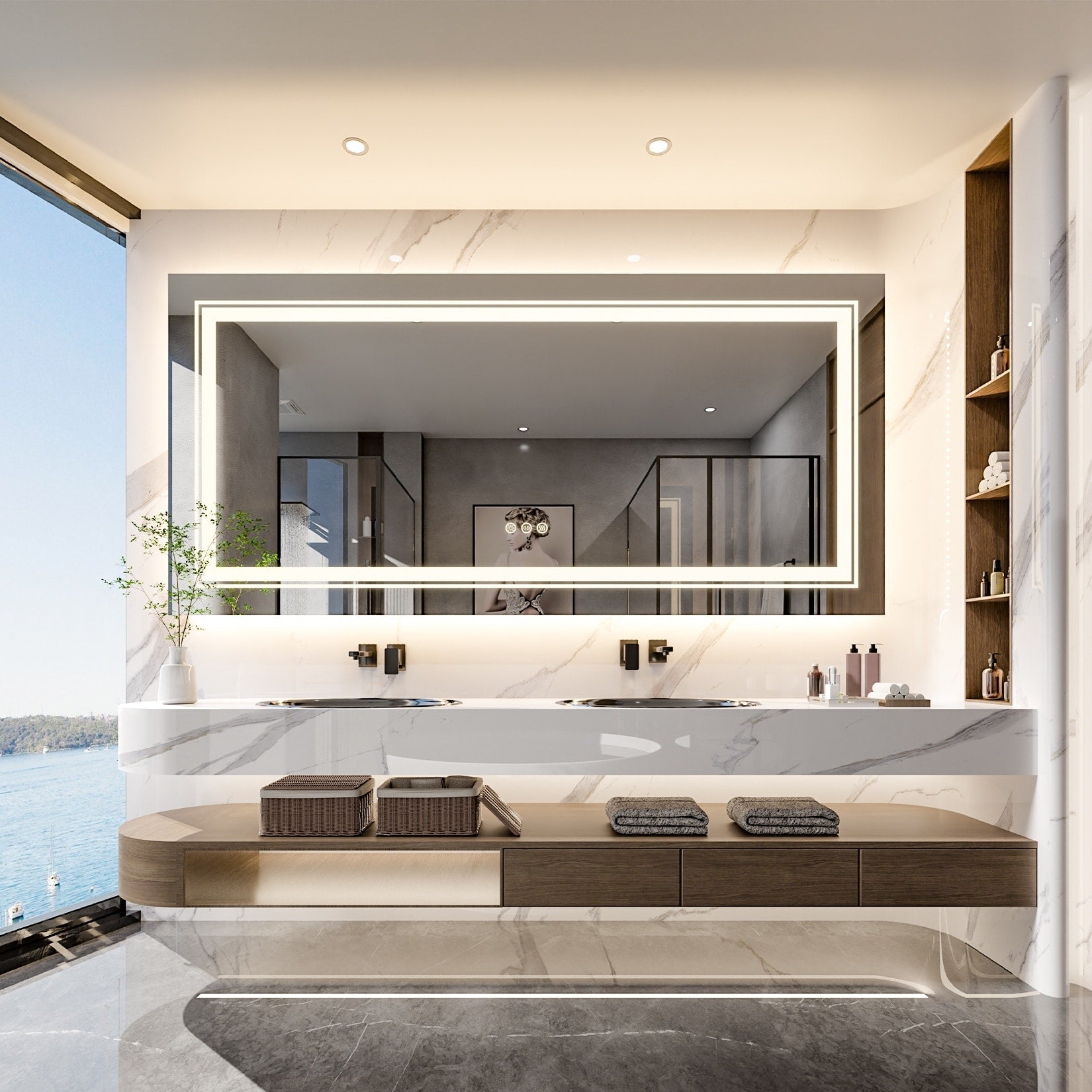 Specchio da bagno extra large con illuminazione a LED, antiappannamento, 3 colori