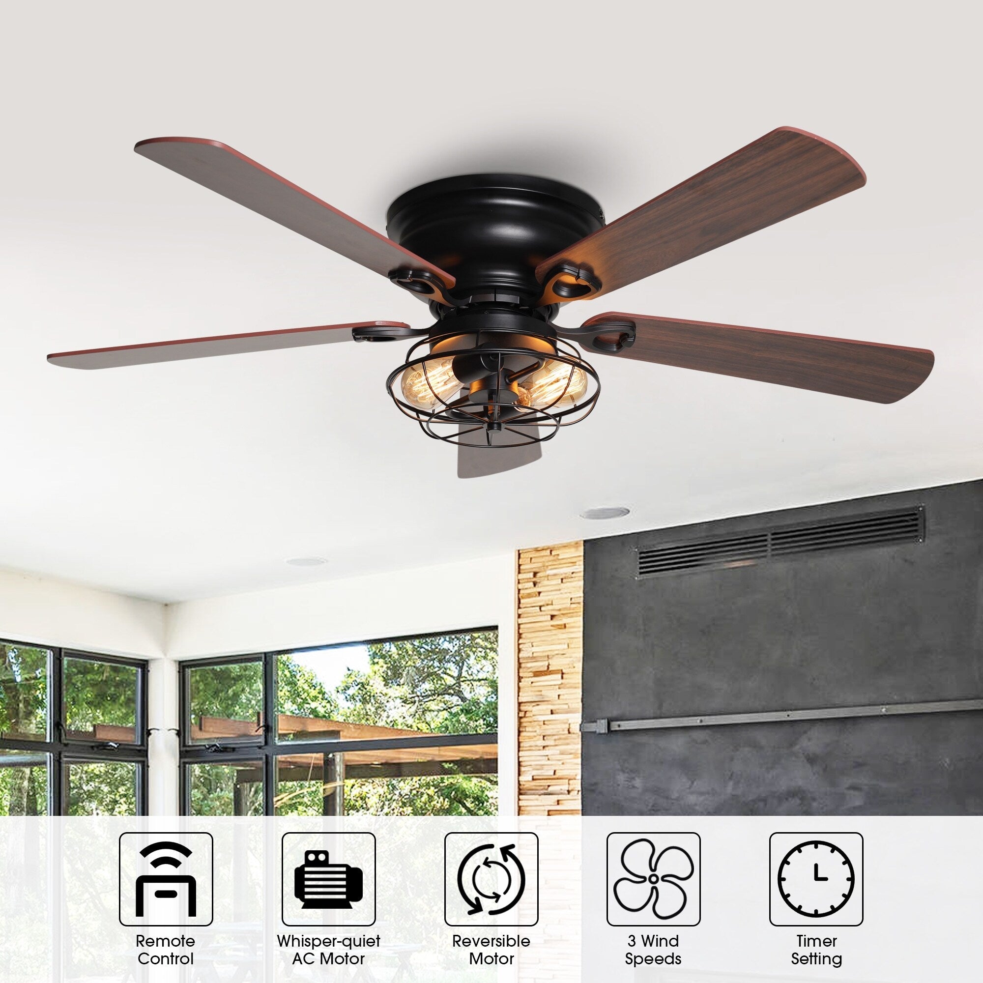 Ventilatore da soffitto nero a filo basso in legno da 48 pollici, 5 pale, modello Farmhouse, con telecomando e kit luci