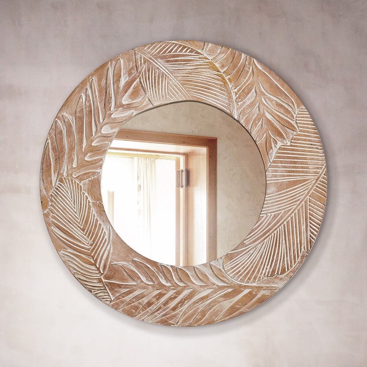 Specchio da parete rotondo in legno intagliato stile fattoria - 28 x 28