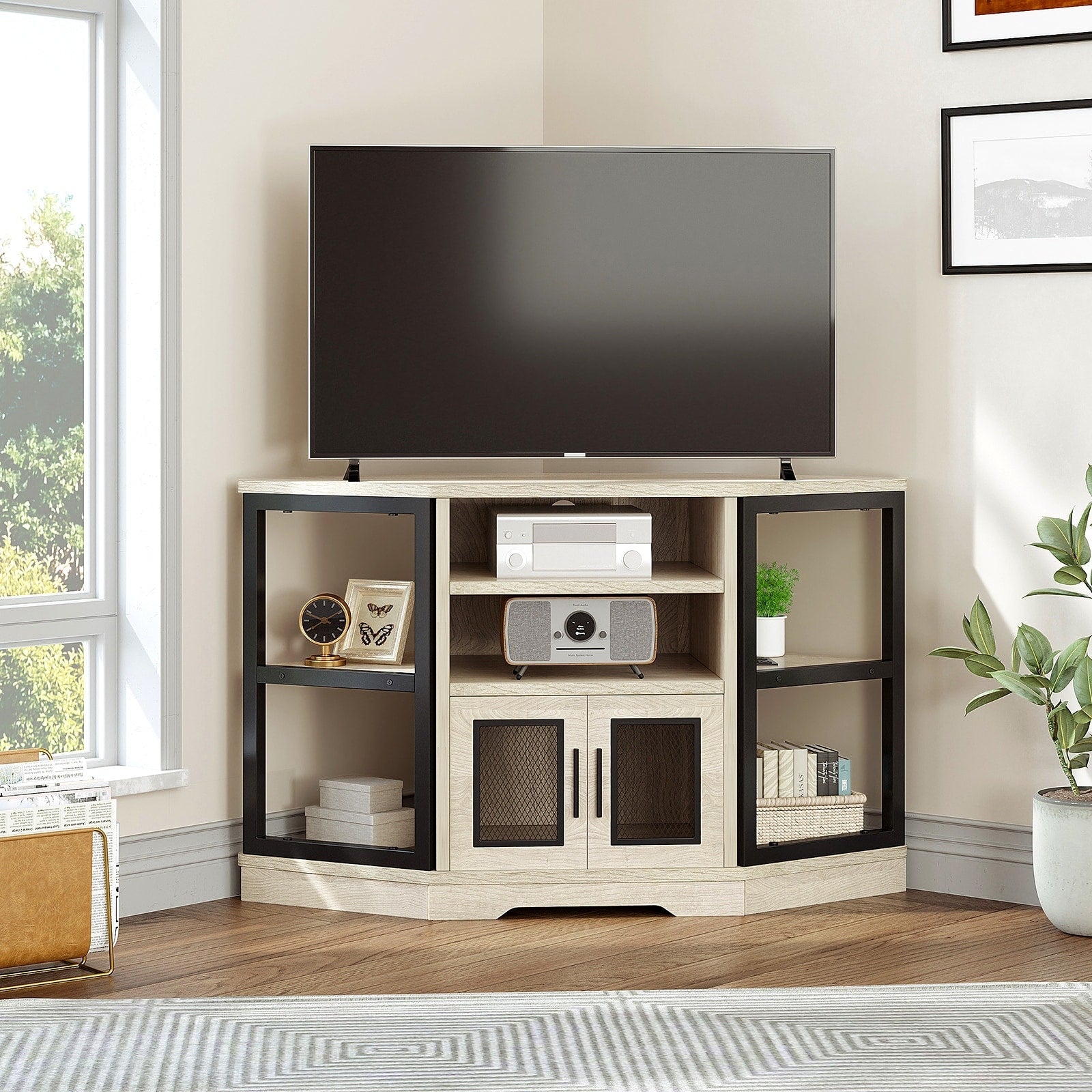 Mobile porta TV angolare Farmhouse, centro di intrattenimento, console multimediale per TV fino a 55 pollici con presa di corrente