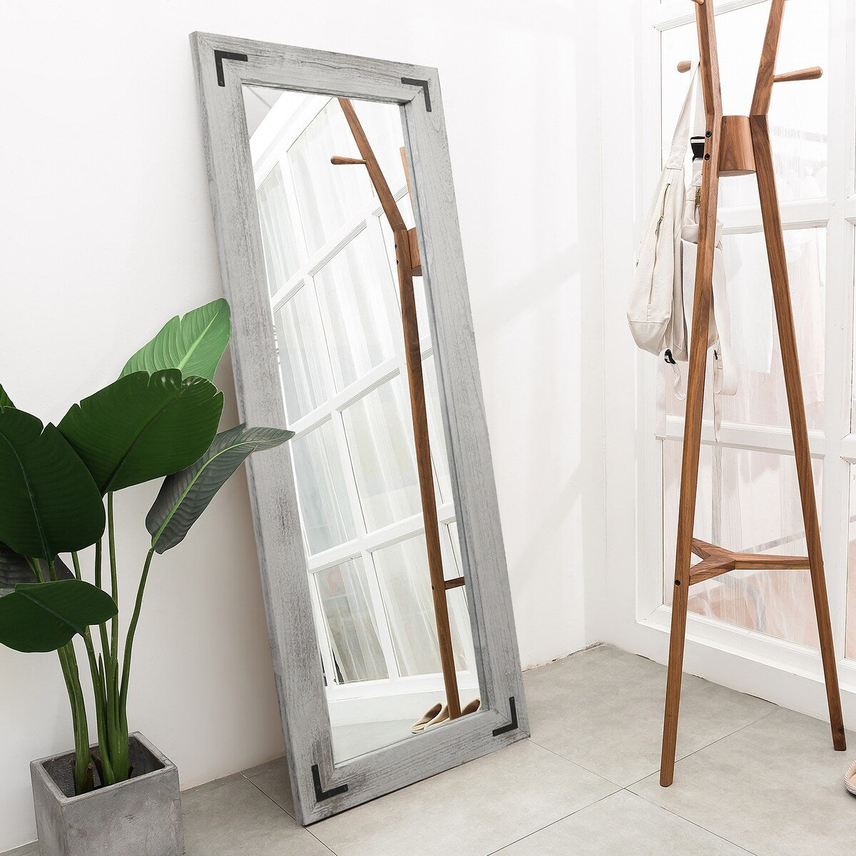 Specchio da terra a figura intera con cornice in legno rustico stile fattoria - 65x24