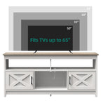 Mobile TV stile fattoria per TV fino a 65 pollici con ante e ripiani aperti, console multimediale, presa di corrente