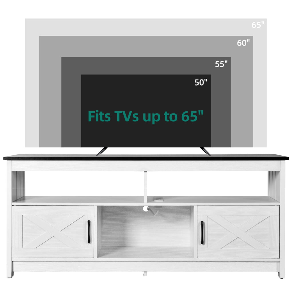 Mobile TV stile fattoria per TV fino a 65 pollici con ante e ripiani aperti, console multimediale, presa di corrente