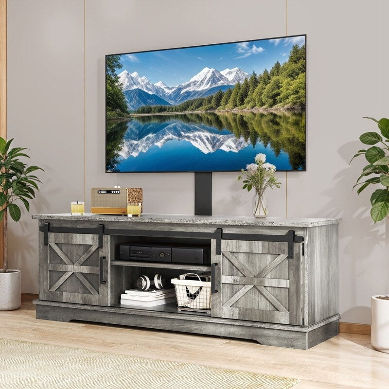 Mobile TV stile fattoria per TV fino a 65 pollici con ante e ripiani aperti, console multimediale, presa di corrente
