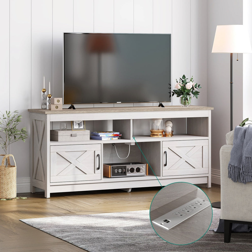 Mobile TV stile fattoria per TV fino a 65 pollici con ante e ripiani aperti, console multimediale, presa di corrente
