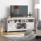 Mobile TV stile fattoria per TV fino a 65 pollici con ante e ripiani aperti, console multimediale, presa di corrente