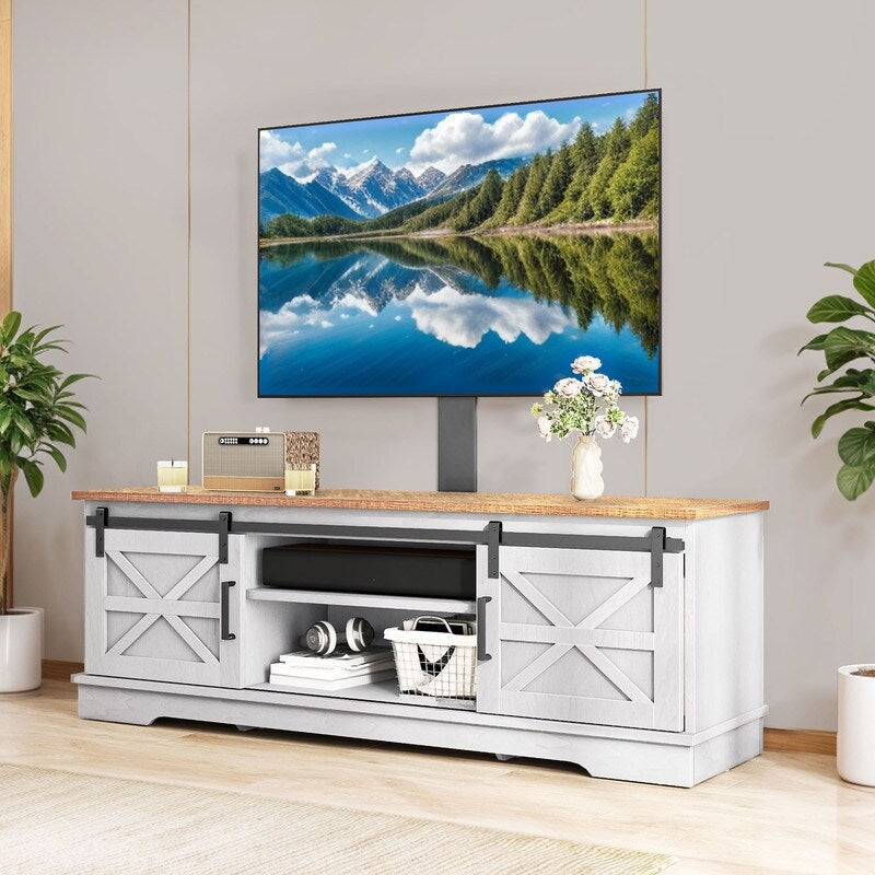 Mobile TV stile fattoria per TV fino a 65 pollici con ante e ripiani aperti, console multimediale, presa di corrente