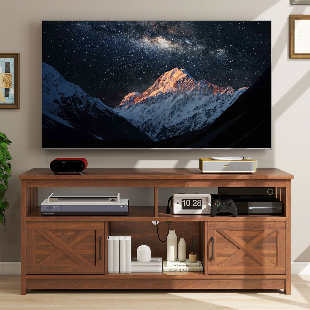 Mobile TV stile fattoria per TV fino a 65 pollici con ante e ripiani aperti, console multimediale, presa di corrente