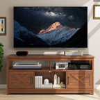 Mobile TV stile fattoria per TV fino a 65 pollici con ante e ripiani aperti, console multimediale, presa di corrente