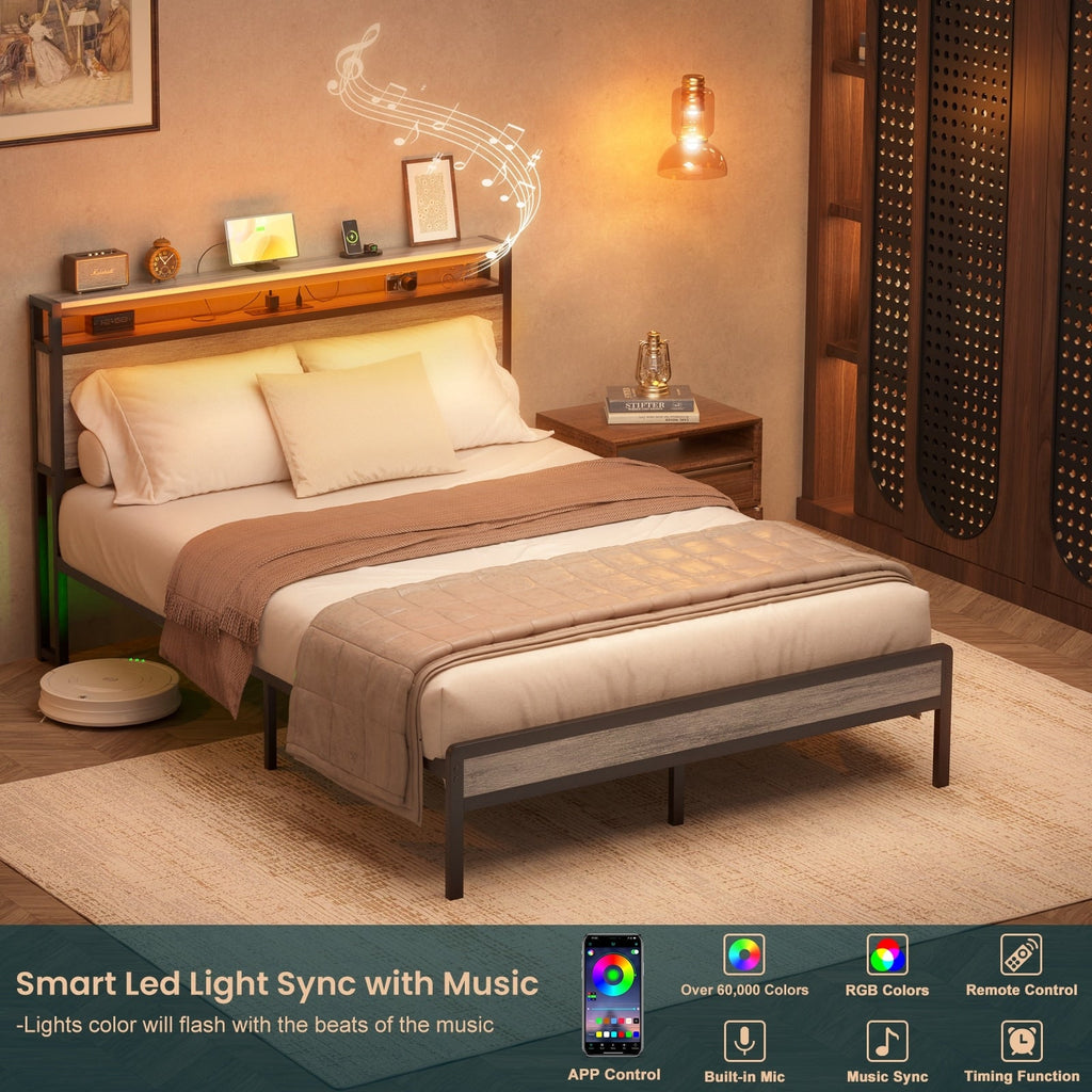 Struttura per letto in legno stile fattoria con stazione di ricarica e luci a LED