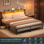 Struttura per letto in legno stile fattoria con stazione di ricarica e luci a LED