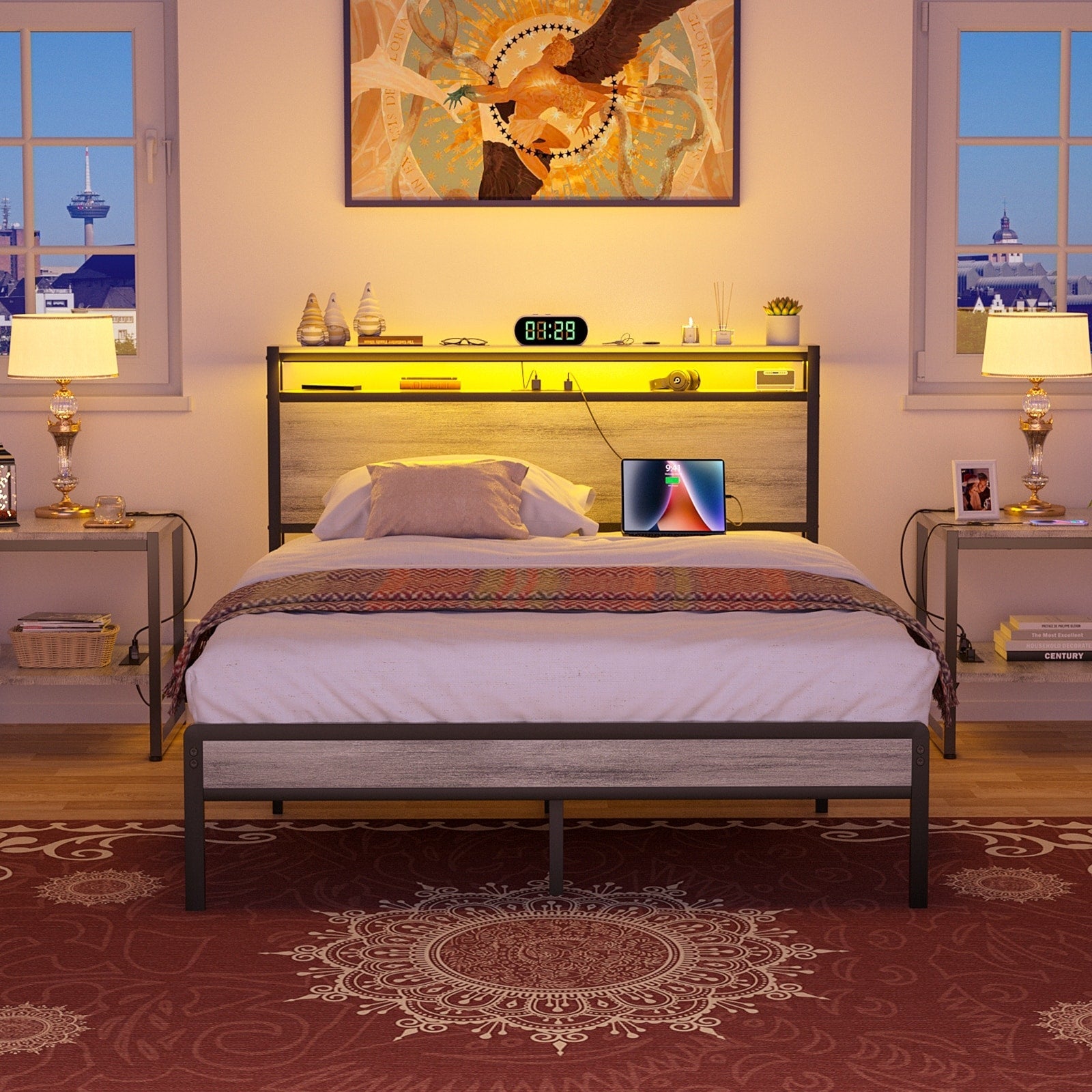 Struttura per letto in legno stile fattoria con stazione di ricarica e luci a LED