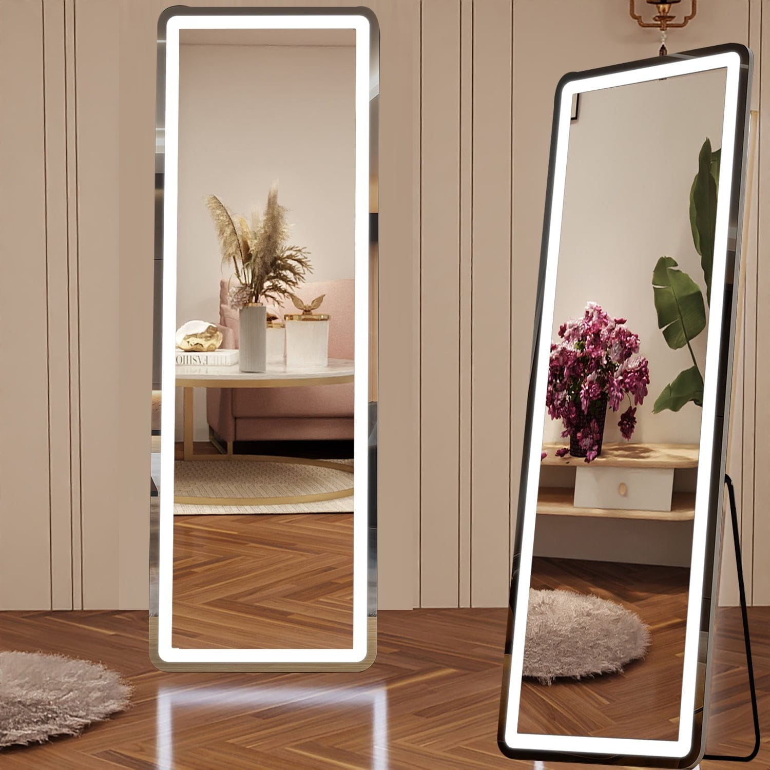 Specchio da terra con luce LED, specchio a figura intera 64 x 21 con supporto, specchio sospeso, specchio da parete, specchio a figura intera