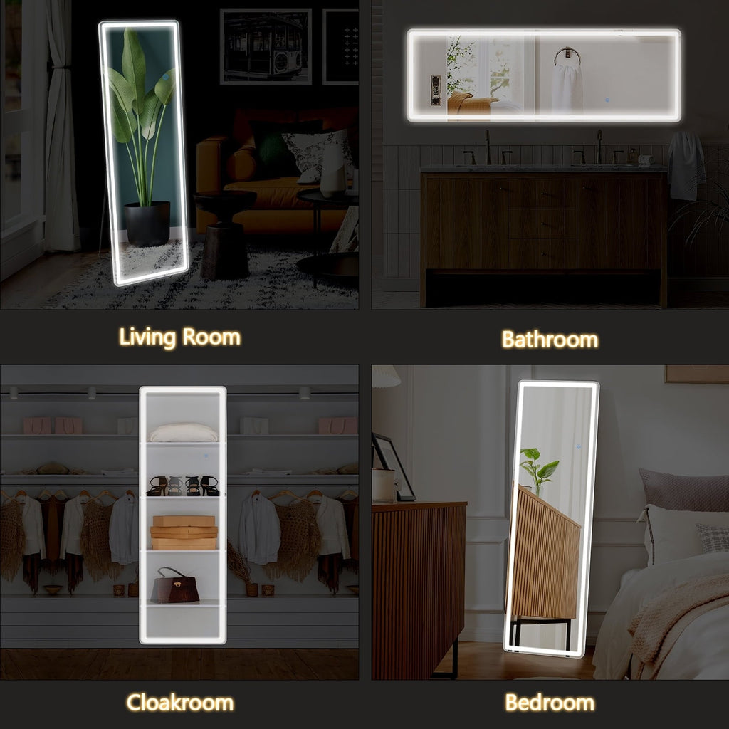 Specchio da terra con luce LED, specchio a figura intera 64 x 21 con supporto, specchio sospeso, specchio da parete, specchio a figura intera
