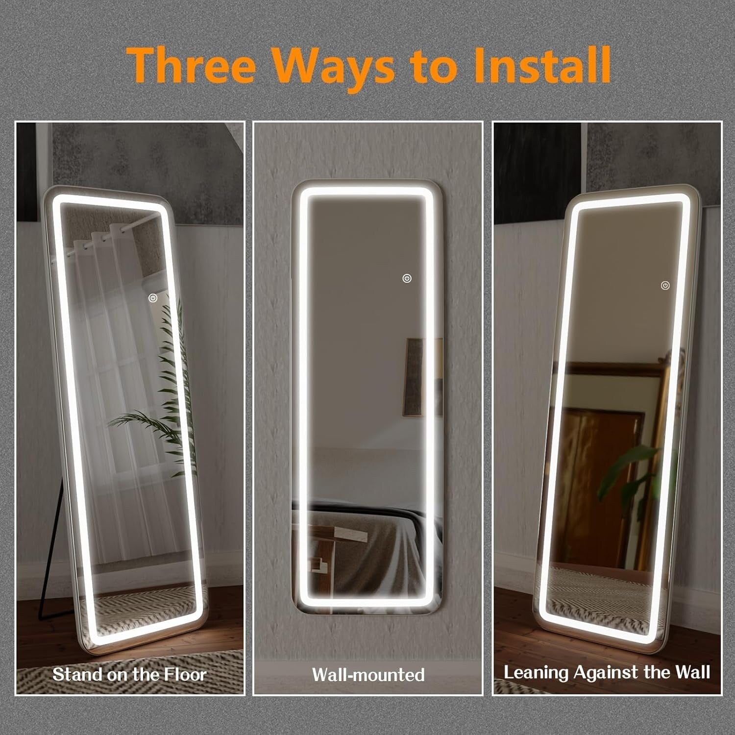 Specchio da terra con luce LED, specchio a figura intera 64 x 21 con supporto, specchio sospeso, specchio da parete, specchio a figura intera