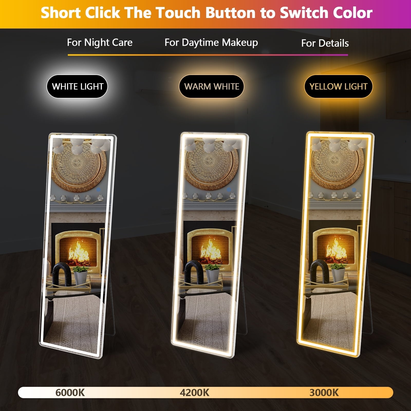 Specchio da terra con luce LED, specchio a figura intera 64 x 21 con supporto, specchio sospeso, specchio da parete, specchio a figura intera