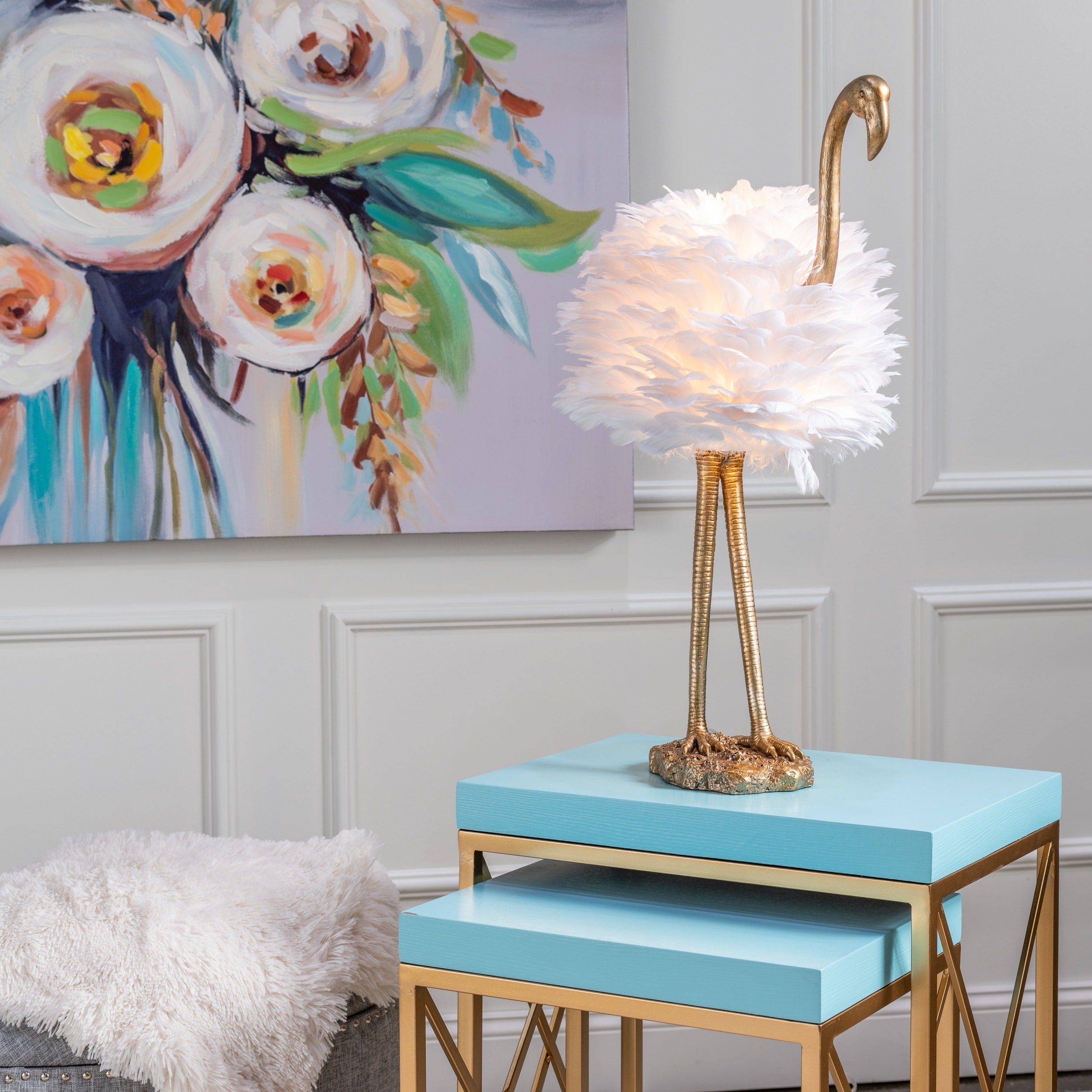 Lampada da tavolo Flamingo - Bianco e oro - 30,5 H - 30H x 19W x 14D