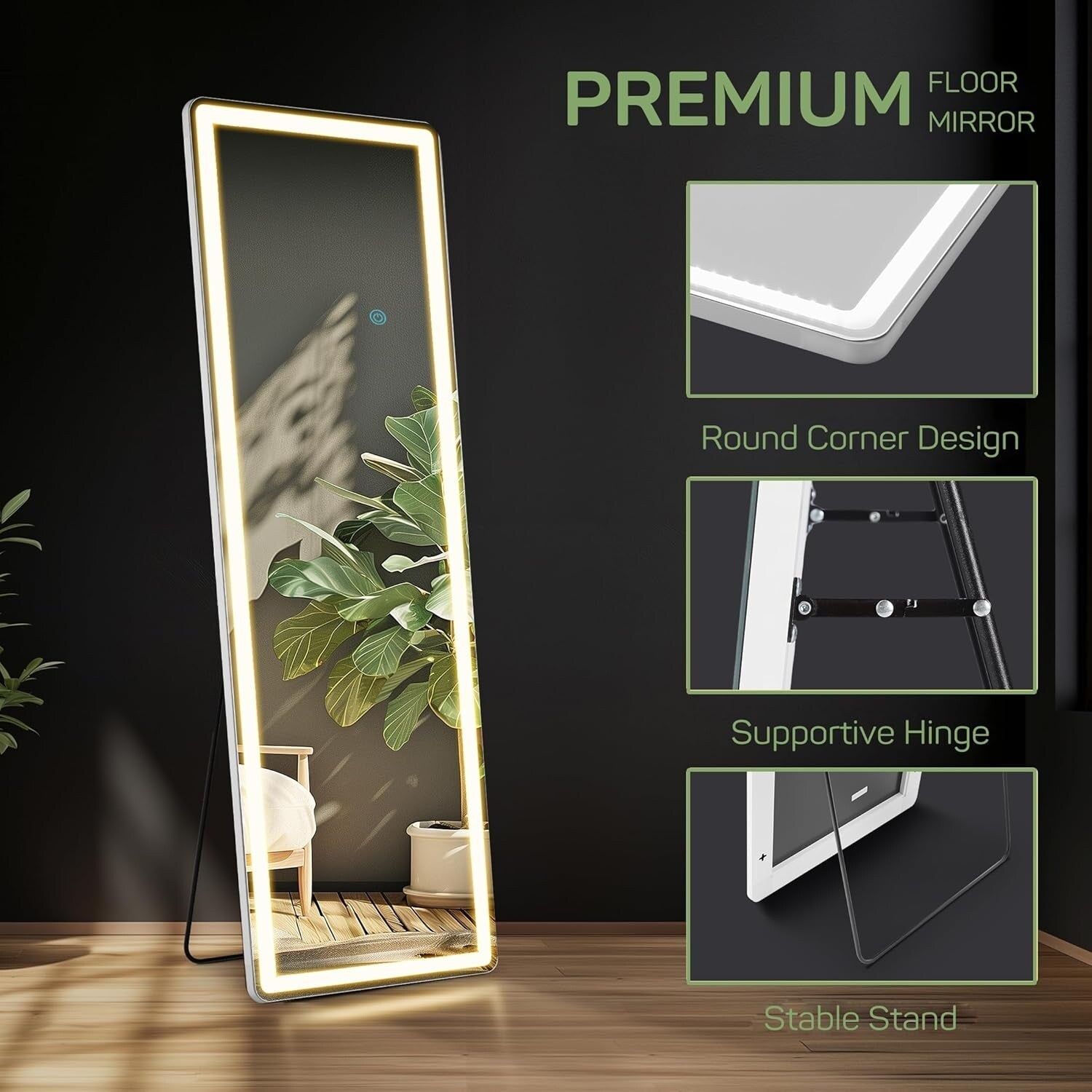 Specchio da terra con luce LED, specchio a figura intera 64 x 21 con supporto, specchio sospeso, specchio da parete, specchio a figura intera