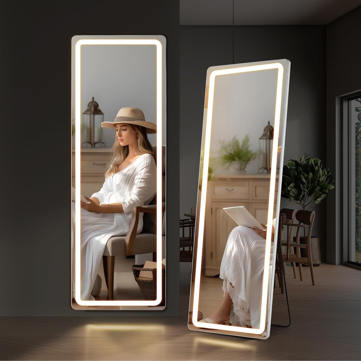 Specchio da terra con luce LED, specchio a figura intera 64 x 21 con supporto, specchio sospeso, specchio da parete, specchio a figura intera