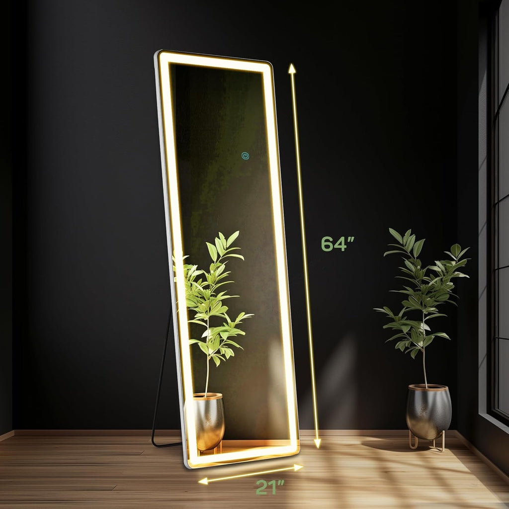 Specchio da terra con luce LED, specchio a figura intera 64 x 21 con supporto, specchio sospeso, specchio da parete, specchio a figura intera