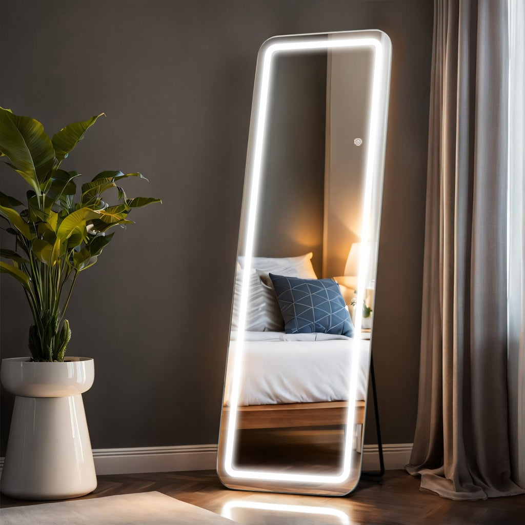 Specchio da terra con luce LED, specchio a figura intera 64 x 21 con supporto, specchio sospeso, specchio da parete, specchio a figura intera