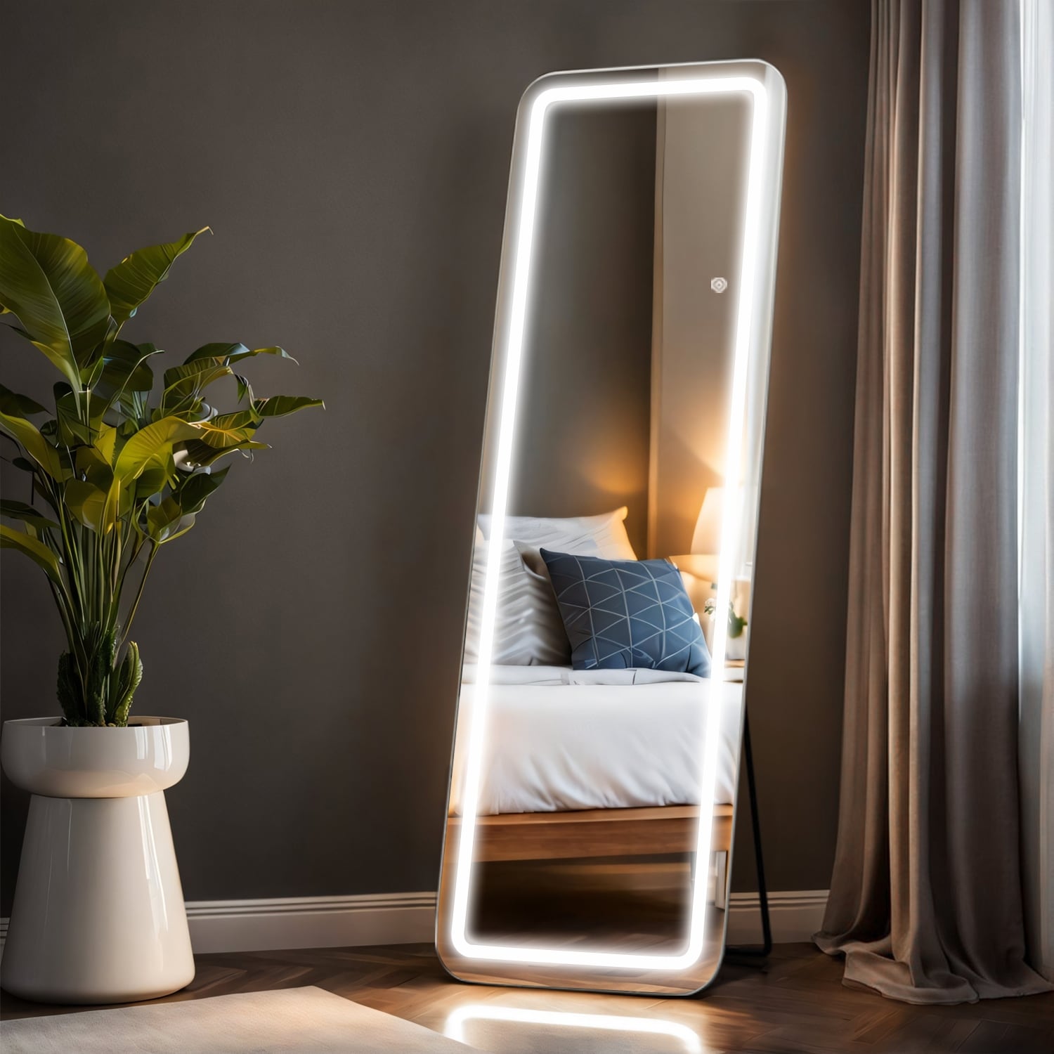 Specchio da terra con luce LED, specchio a figura intera 64 x 21 con supporto, specchio sospeso, specchio da parete, specchio a figura intera