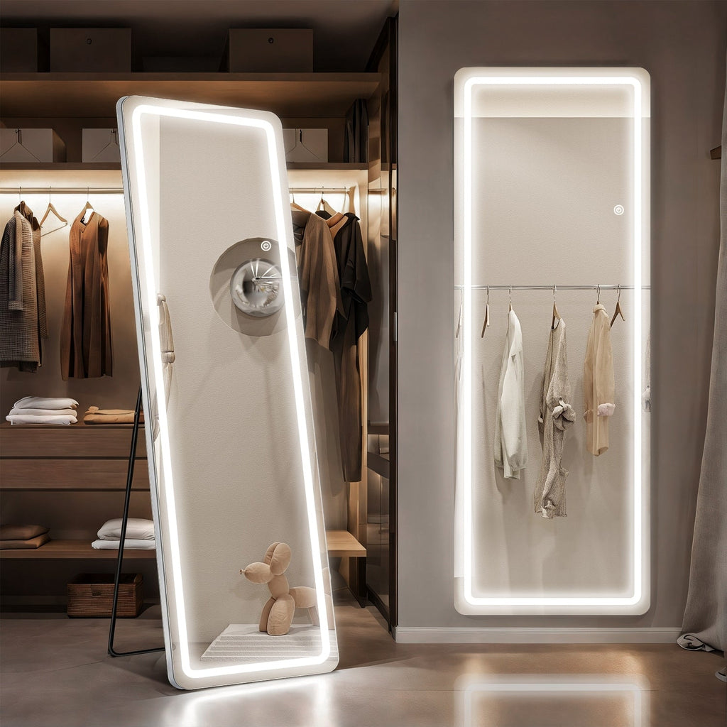 Specchio da terra con luce LED, specchio a figura intera 64 x 21 con supporto, specchio sospeso, specchio da parete, specchio a figura intera