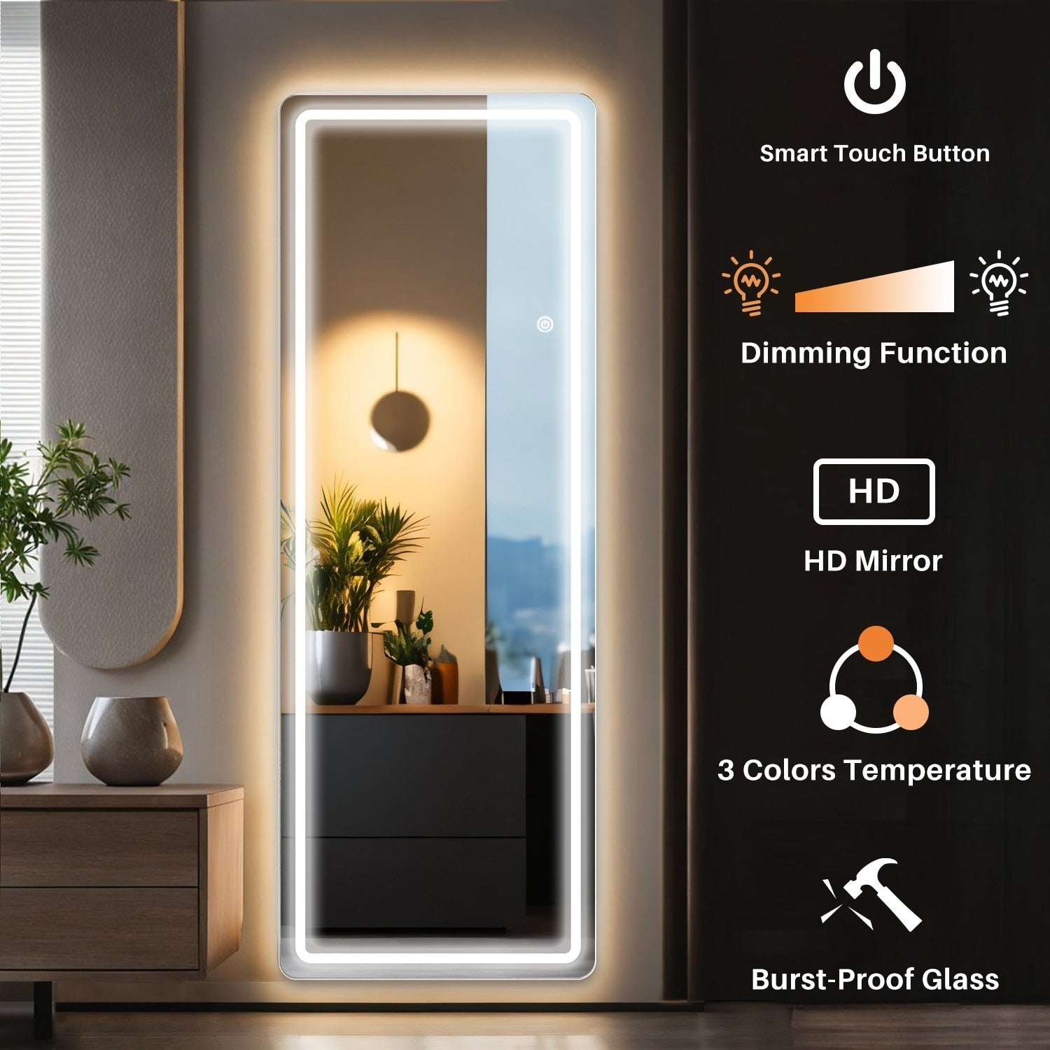 Specchio da terra con luce LED, specchio a figura intera 64 x 21 con supporto, specchio sospeso, specchio da parete, specchio a figura intera