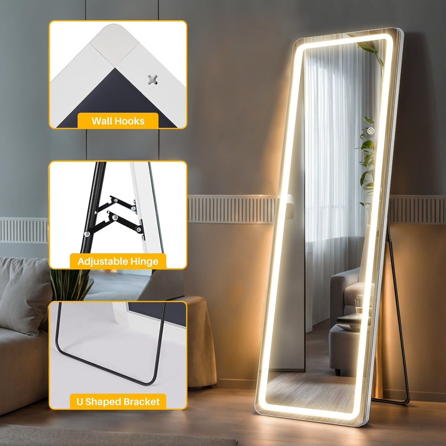 Specchio da terra con luce LED, specchio a figura intera 64 x 21 con supporto, specchio sospeso, specchio da parete, specchio a figura intera