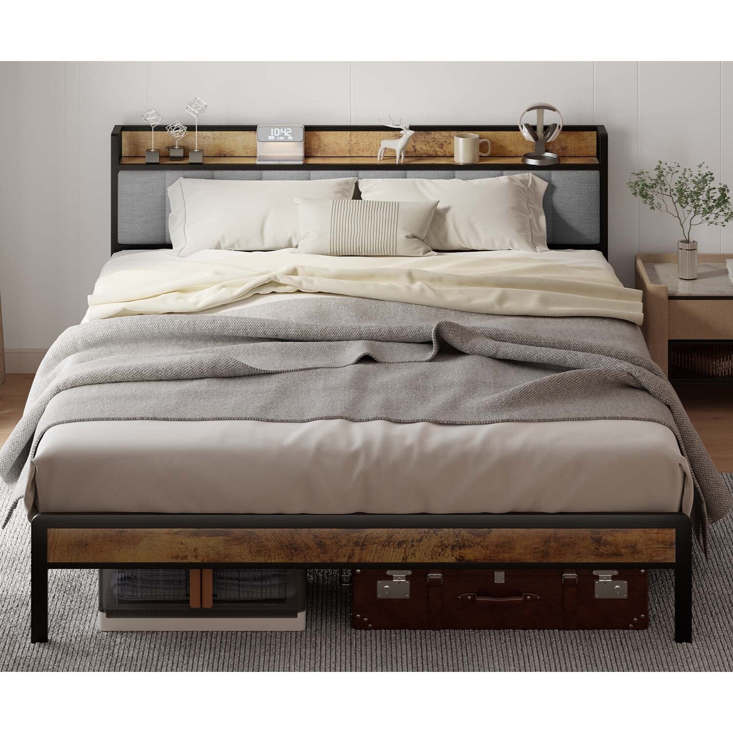 Letto matrimoniale/matrimoniale/queen size/king size con struttura in metallo e testiera imbottita con contenitore