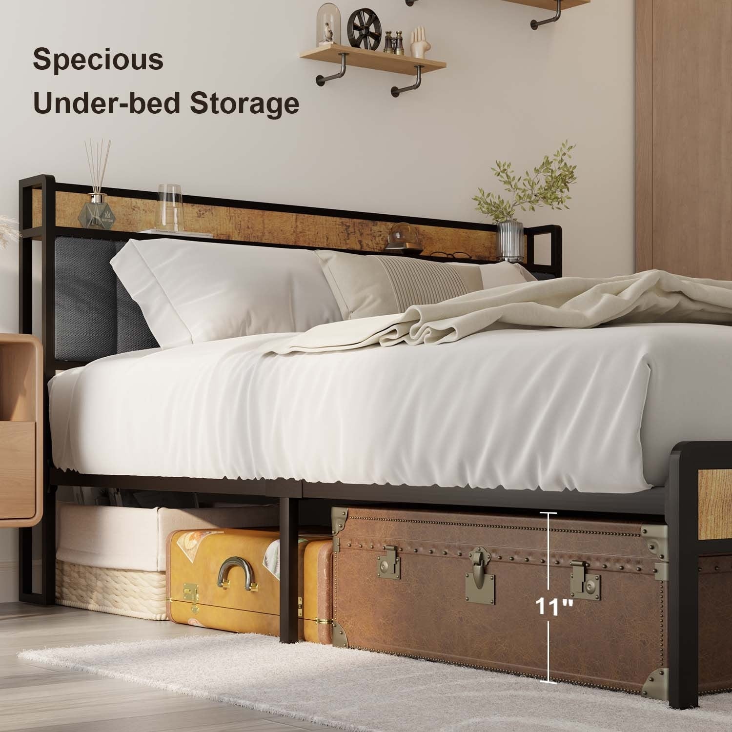 Letto matrimoniale/matrimoniale/queen size/king size con struttura in metallo e testiera imbottita con contenitore