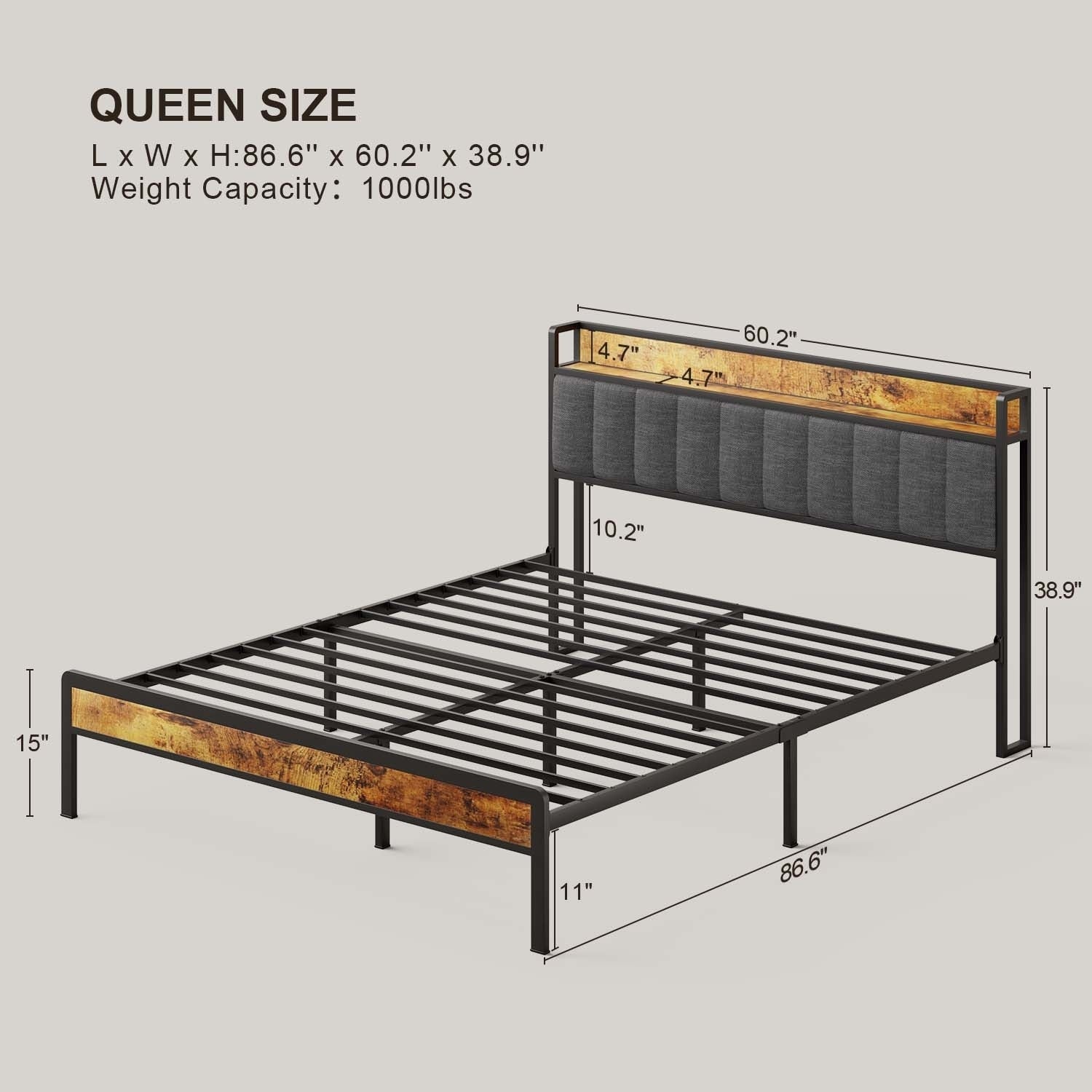 Letto matrimoniale/matrimoniale/queen size/king size con struttura in metallo e testiera imbottita con contenitore