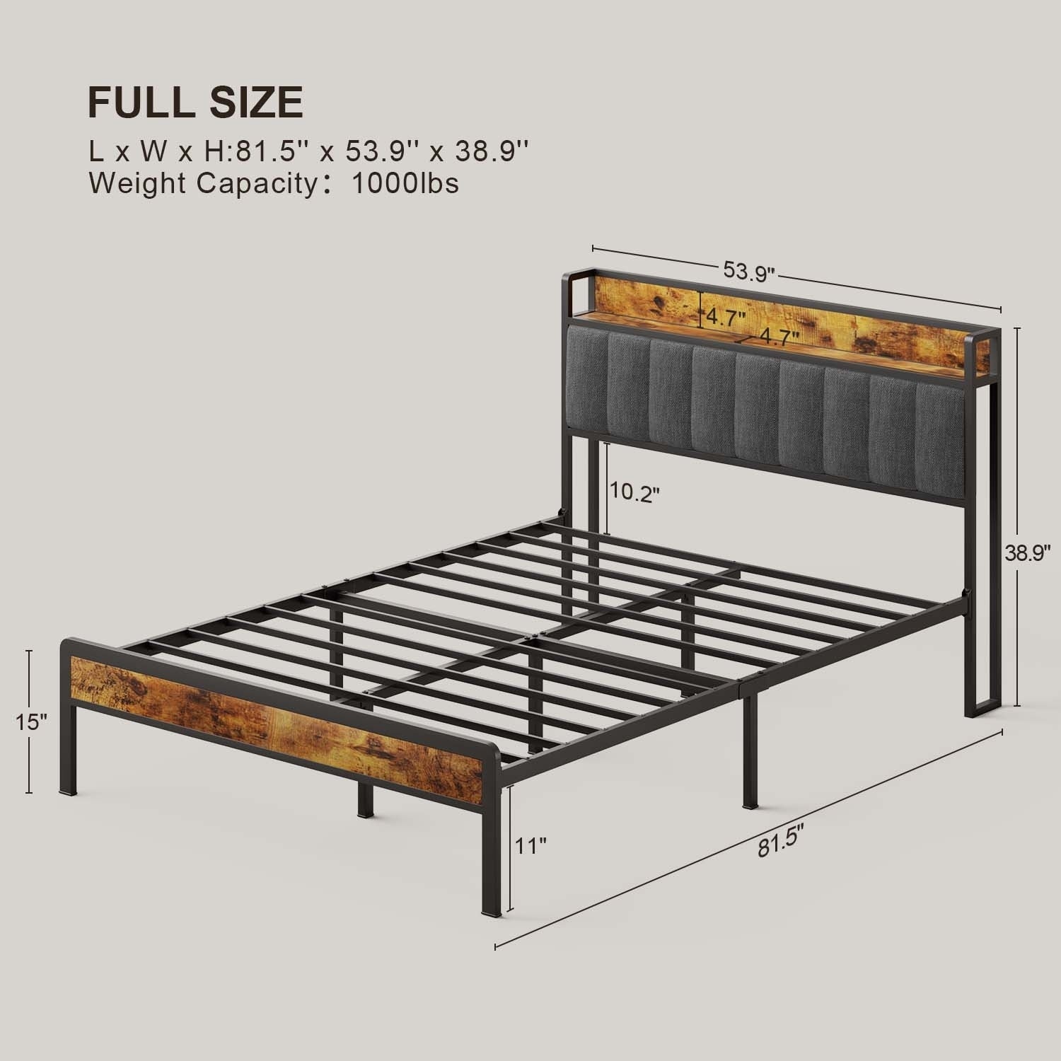 Letto matrimoniale/matrimoniale/queen size/king size con struttura in metallo e testiera imbottita con contenitore