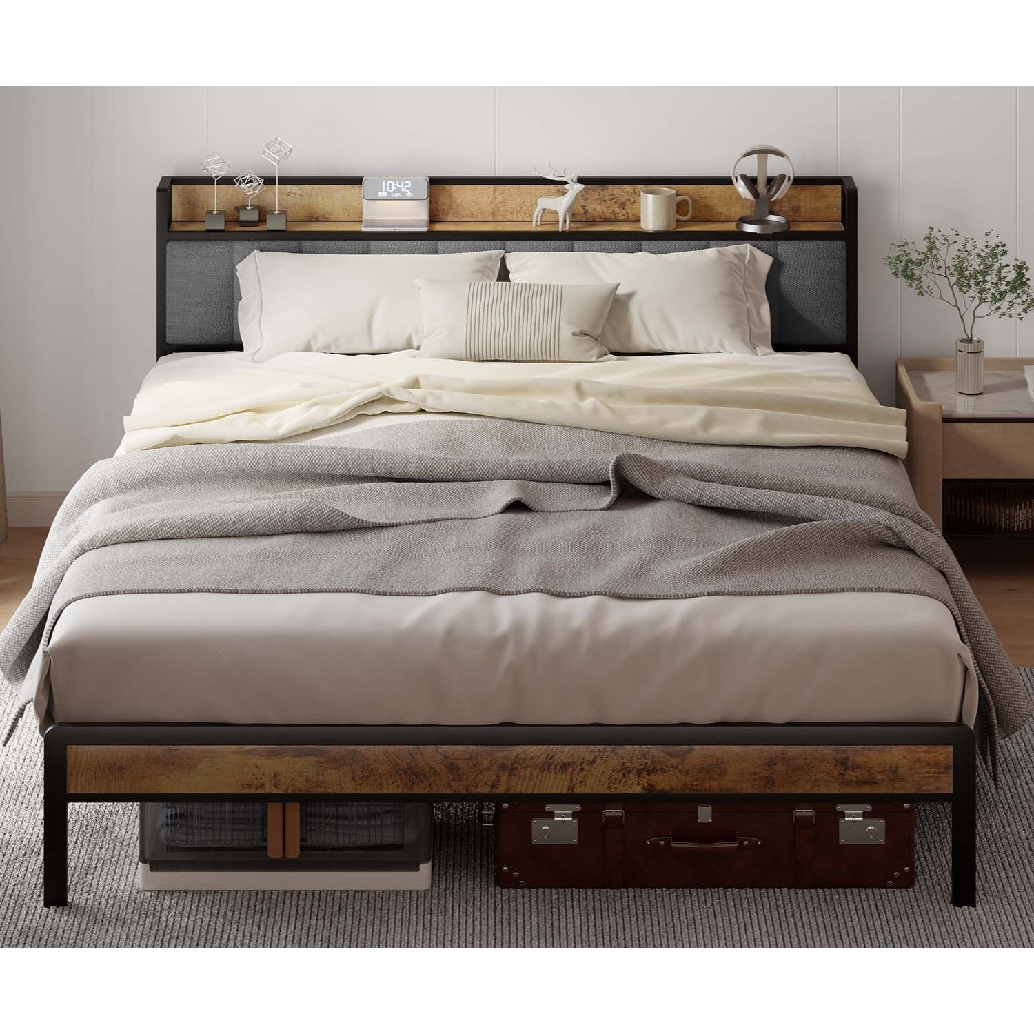 Letto matrimoniale/matrimoniale/queen size/king size con struttura in metallo e testiera imbottita con contenitore