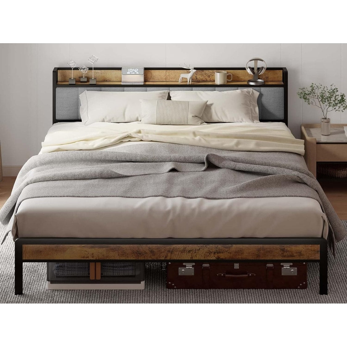 Letto matrimoniale/matrimoniale/queen size/king size con struttura in metallo e testiera imbottita con contenitore