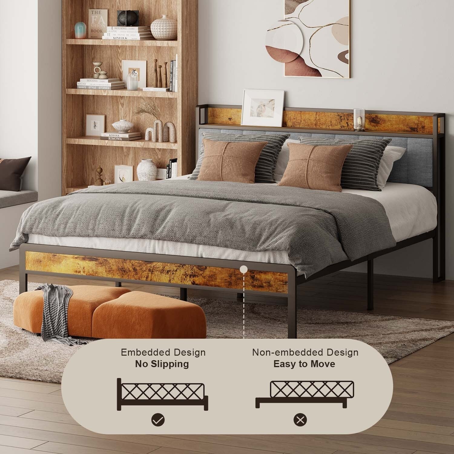 Letto matrimoniale/matrimoniale/queen size/king size con struttura in metallo e testiera imbottita con contenitore