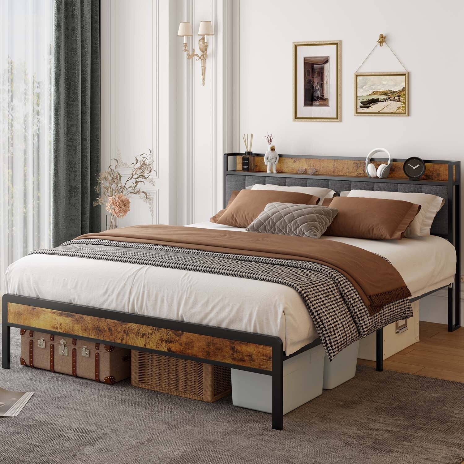Letto matrimoniale/matrimoniale/queen size/king size con struttura in metallo e testiera imbottita con contenitore