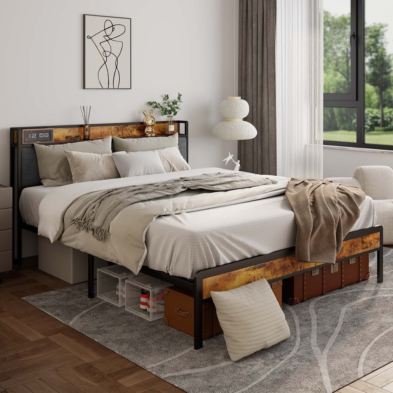 Letto matrimoniale/matrimoniale/queen size/king size con struttura in metallo e testiera imbottita con contenitore