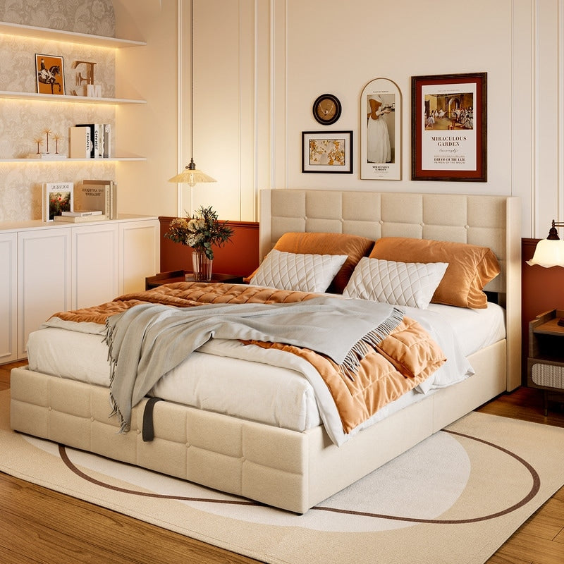 Struttura letto contenitore sollevabile, struttura letto imbottita con sistema di stoccaggio idraulico e testiera