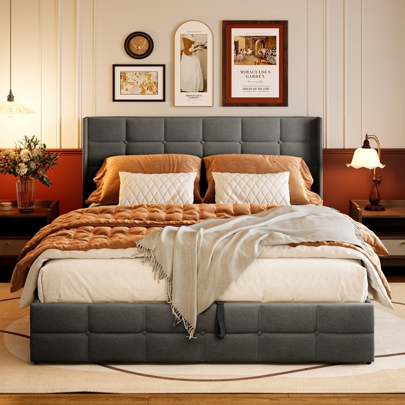 Struttura letto contenitore sollevabile, struttura letto imbottita con sistema di stoccaggio idraulico e testiera