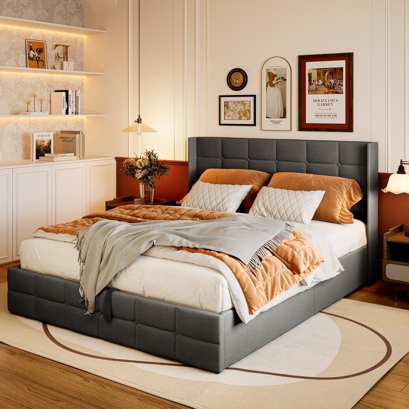 Struttura letto contenitore sollevabile, struttura letto imbottita con sistema di stoccaggio idraulico e testiera