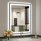 Specchio da bagno a parete con cornice in vetro temperato antiappannamento, illuminato a LED sul retro e sul davanti, di dimensioni standard
