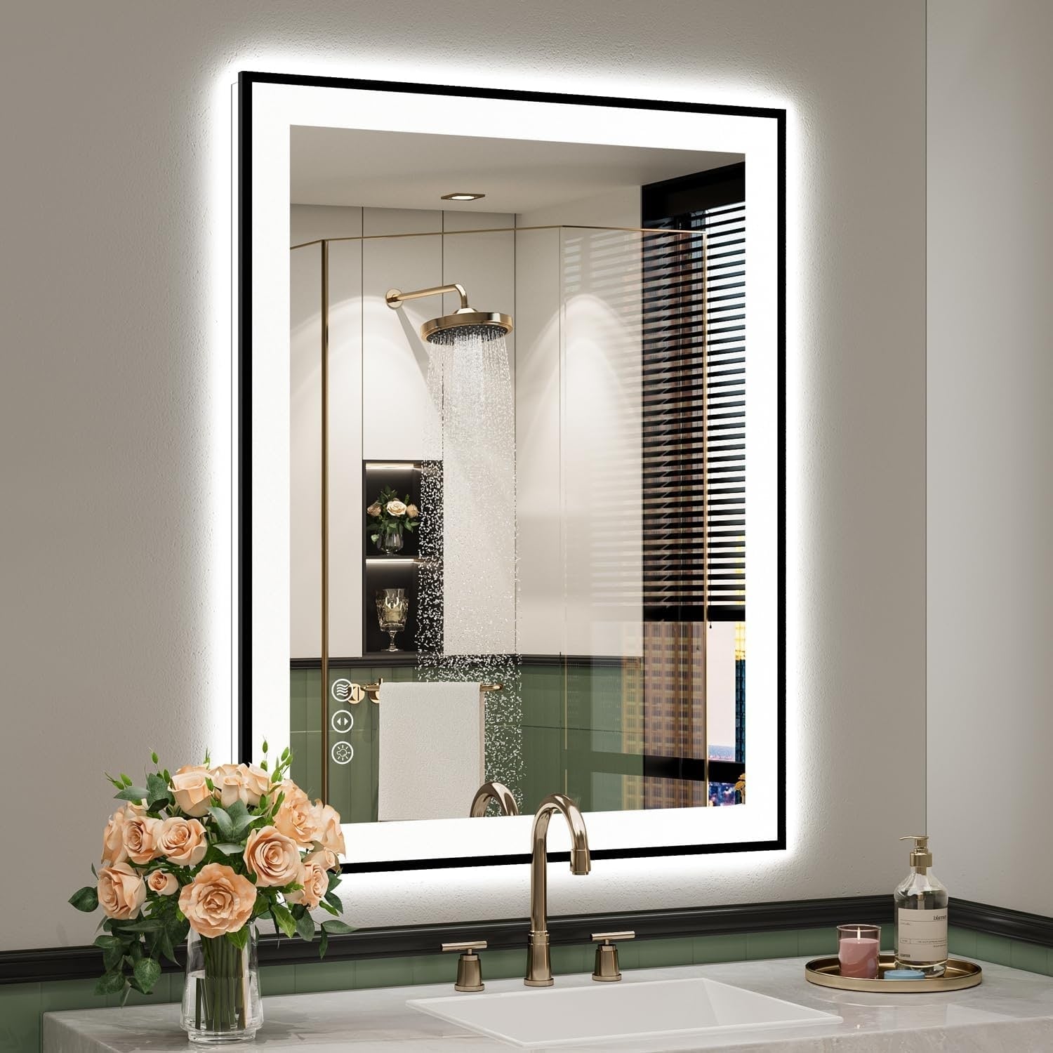 Specchio da bagno a parete con cornice in vetro temperato antiappannamento, illuminato a LED sul retro e sul davanti, di dimensioni standard