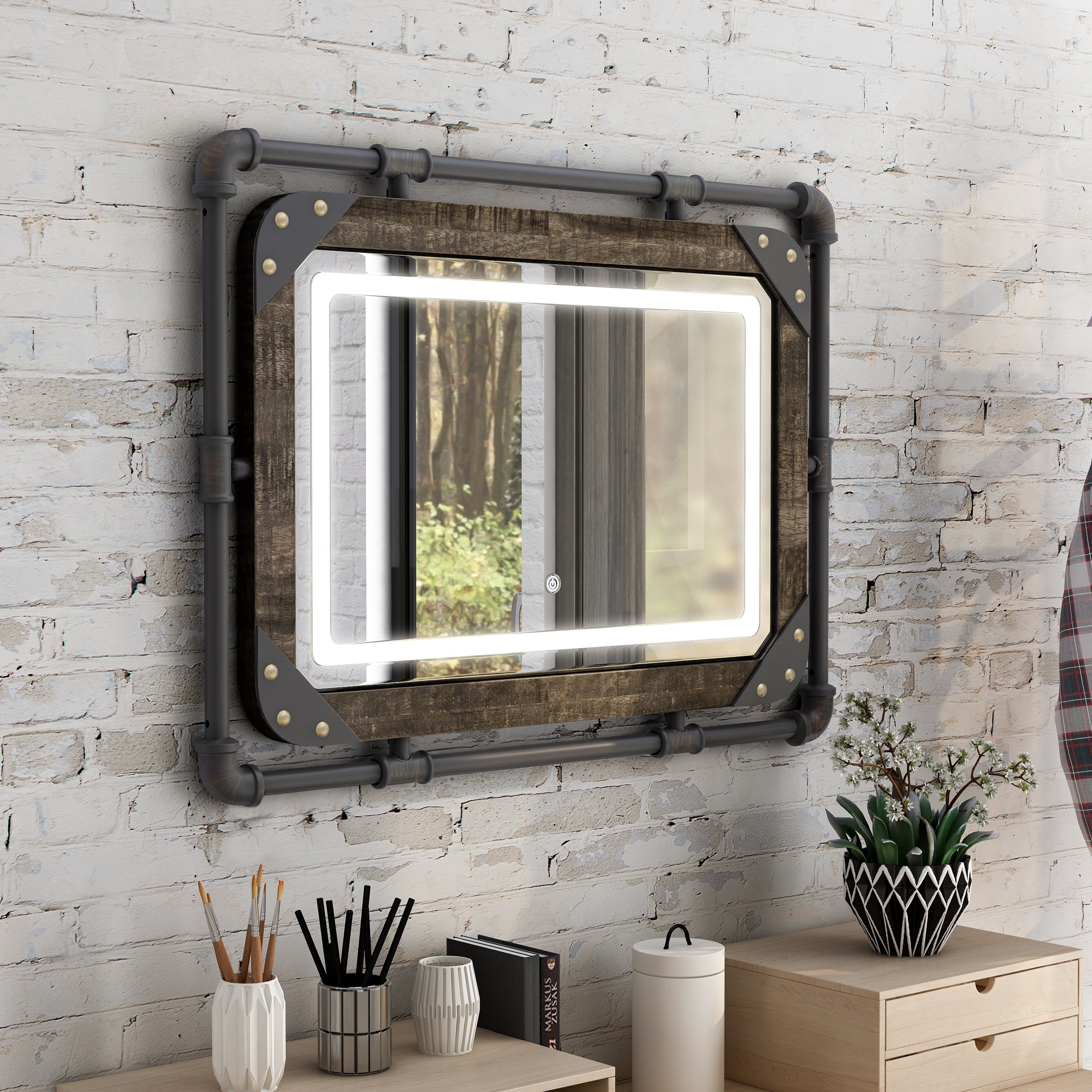 Specchio da parete in metallo industriale Inyo di Furniture of America con luci a LED