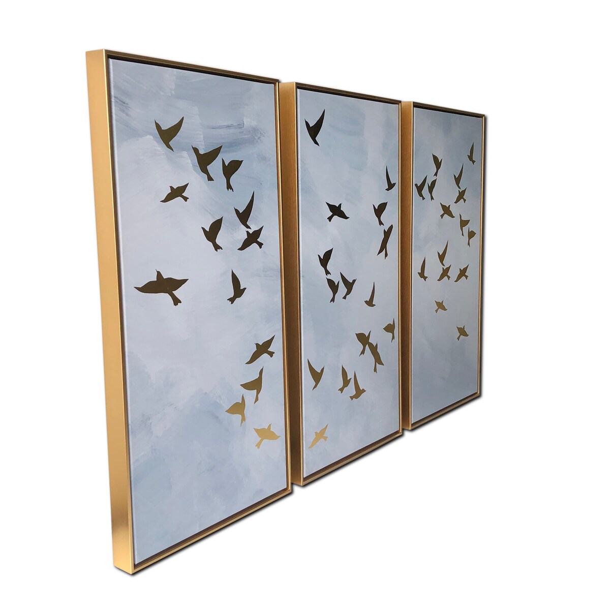Set di 3 stampe di uccelli dorati su tela galleggiante dorata con cornice decorativa da parete