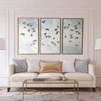 Set di 3 stampe di uccelli dorati su tela galleggiante dorata con cornice decorativa da parete