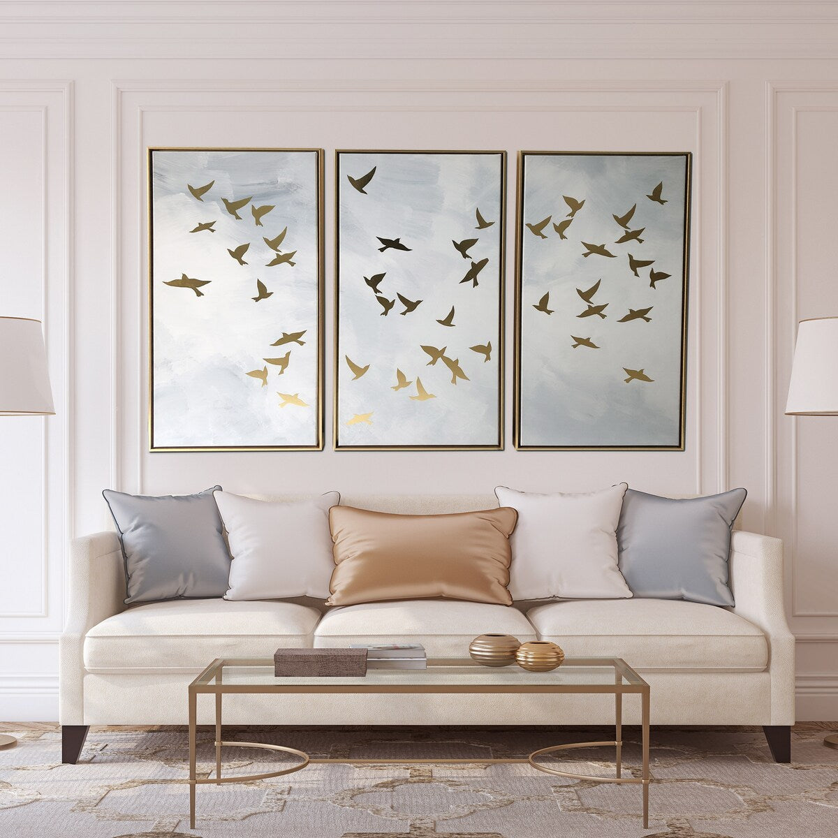 Set di 3 stampe di uccelli dorati su tela galleggiante dorata con cornice decorativa da parete